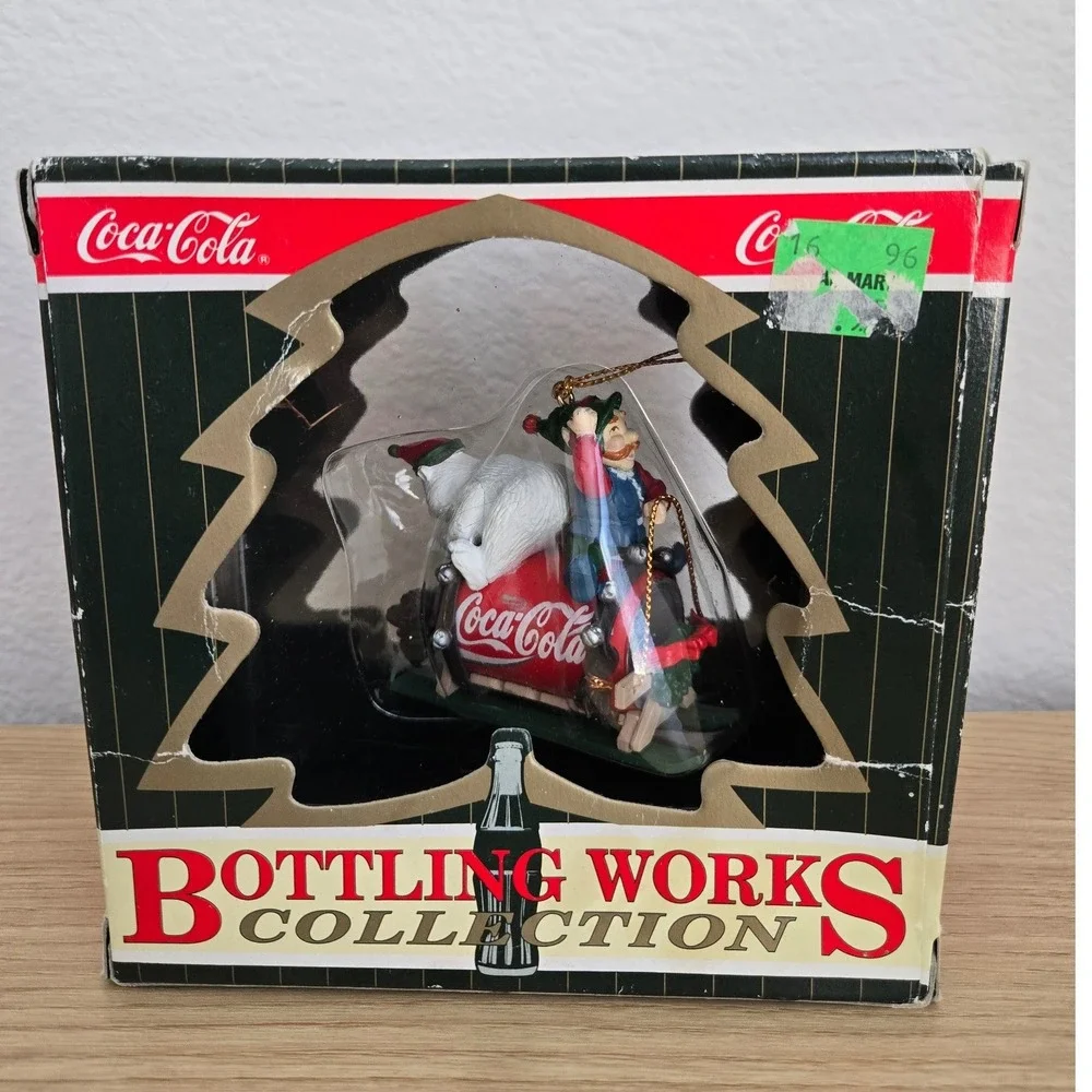 Coca-Cola Bottling Works Collection Polar Bear Elf Soda Can Sled Ornament Boxed